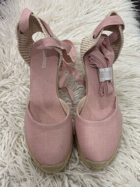 Soludos Blush Pink Espadrille Wedge Sandals with Ankle Wrap